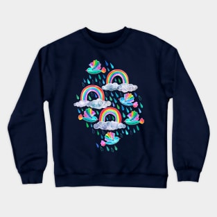 Spring Showers and Rainbow Birds on Navy Blue Crewneck Sweatshirt